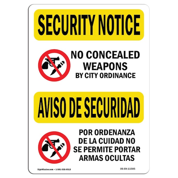 Sign, 3.5" H, 5" W, No Concealed Weapons Bilingual, Landscape, SN-D-35-L-11585-10PK